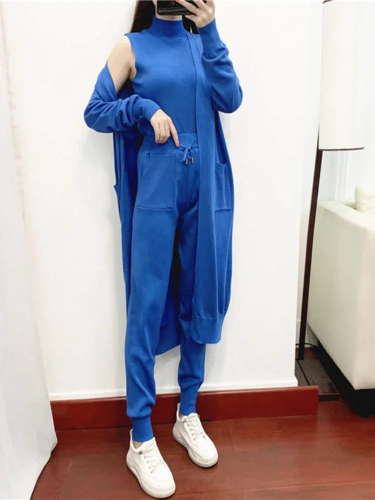 3 Piece Sets Womens Outifits Autumn Casual Solid Knit Suit Cardigan Vest Pants Sets Matching Sets Korean Fashion Womens Clothing