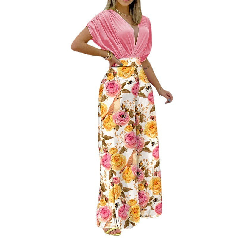 European and American Womens Clothing Ins Summer New Style Temperament V Neck Printed Wide Leg Pants Fashion Casual Set