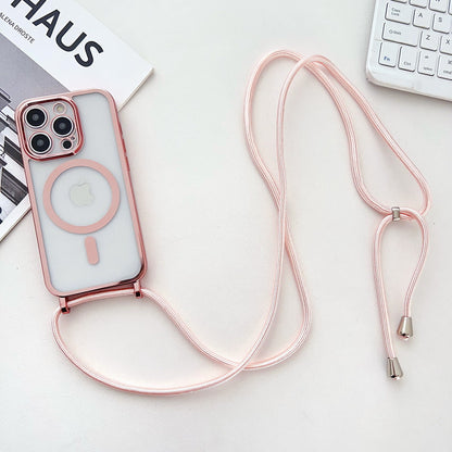 Applicable iPhone 16 Electroplated Lanyard Phone Case 15 Pro Transparent Magnetic Apple 17 Crossbody Shockproof Protective Cover