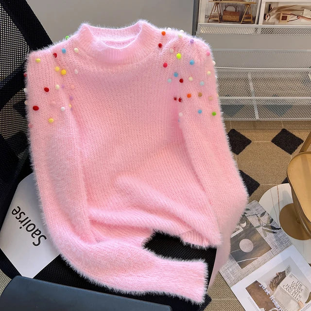 Komiyama Colorful Ball Patchwork Sweater Long Sleeve Womens Clothing Round Neck Y2k Pullover Tops Autumn Women Knitwears