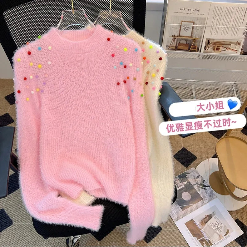 Komiyama Colorful Ball Patchwork Sweater Long Sleeve Womens Clothing Round Neck Y2k Pullover Tops Autumn Women Knitwears