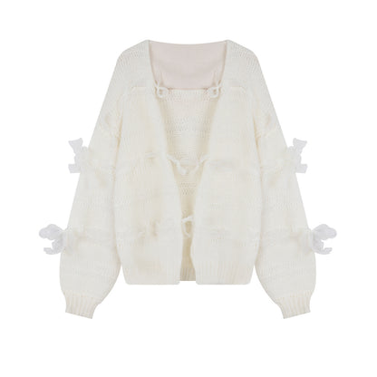 Korean Fashion Womens Clothing Elegant Bow Oversized Wool Sweater Mujer Autumn White Knitted Cardigan Femme