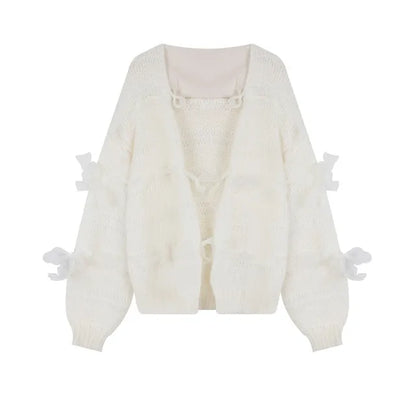 Korean Fashion Womens Clothing Elegant Bow Oversized Wool Sweater Mujer Autumn White Knitted Cardigan Femme
