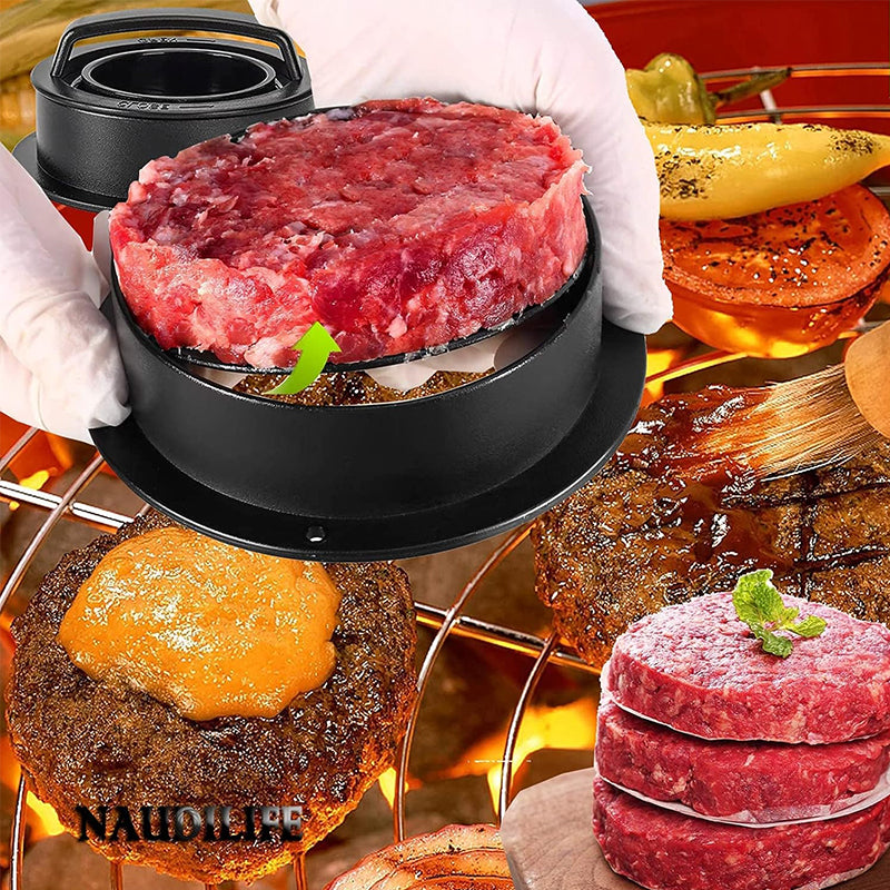 3-in-1 Manual Kitchen Gadget: Hamburger Patty, Round Beef Burger &amp; Meatball Press.