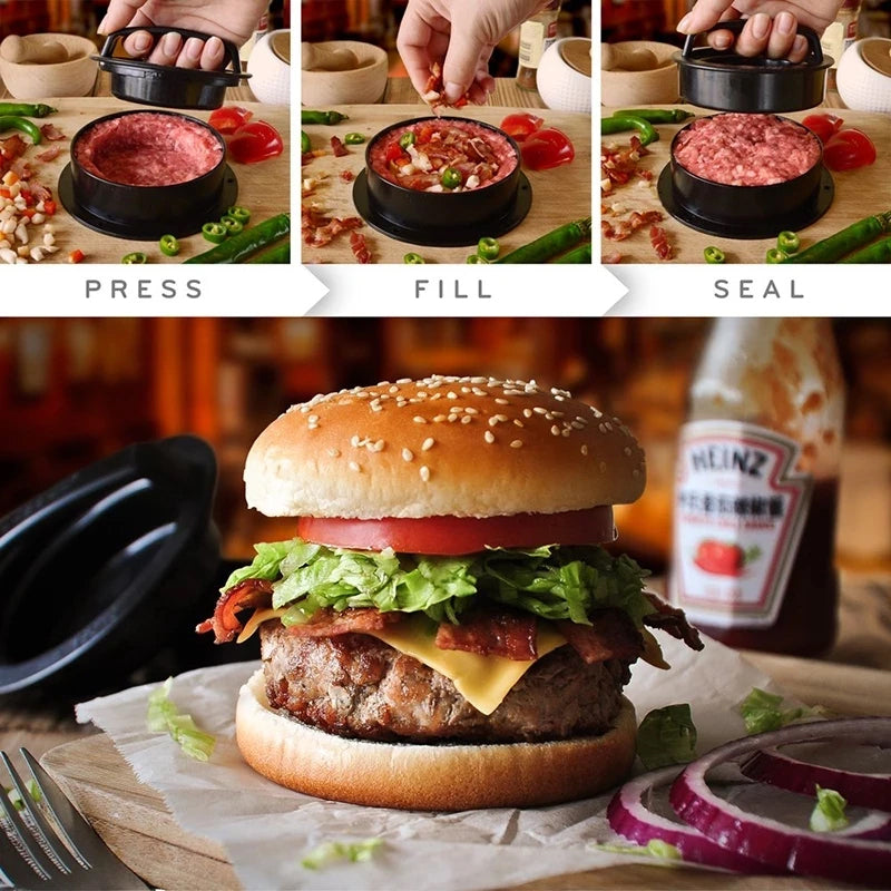 3-in-1 Manual Kitchen Gadget: Hamburger Patty, Round Beef Burger &amp; Meatball Press.