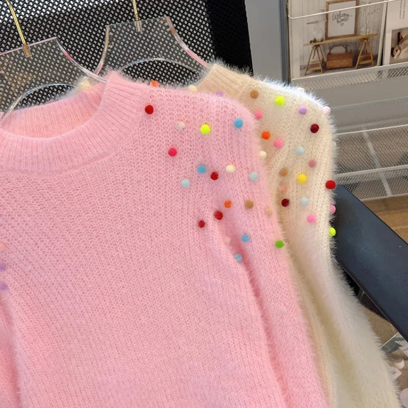 Komiyama Colorful Ball Patchwork Sweater Long Sleeve Womens Clothing Round Neck Y2k Pullover Tops Autumn Women Knitwears