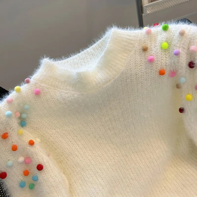 Komiyama Colorful Ball Patchwork Sweater Long Sleeve Womens Clothing Round Neck Y2k Pullover Tops Autumn Women Knitwears