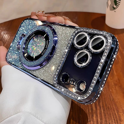 Crystal Glitter Magnetic Mount Bracket for iPhone 17 Pro Max Phone Case with Lens Film, Anti-drop Protection for Apple iPhone 16, 15