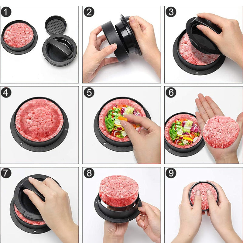 3-in-1 Manual Kitchen Gadget: Hamburger Patty, Round Beef Burger &amp; Meatball Press.