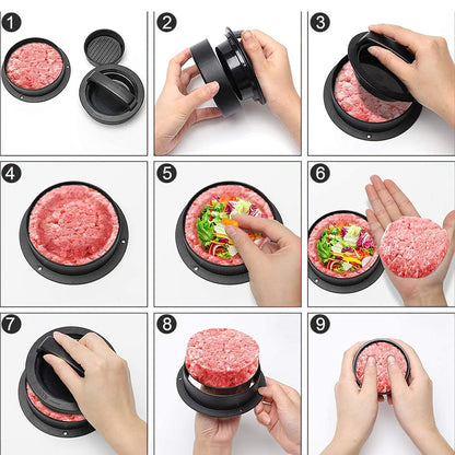3-in-1 Manual Kitchen Gadget: Hamburger Patty, Round Beef Burger &amp; Meatball Press.